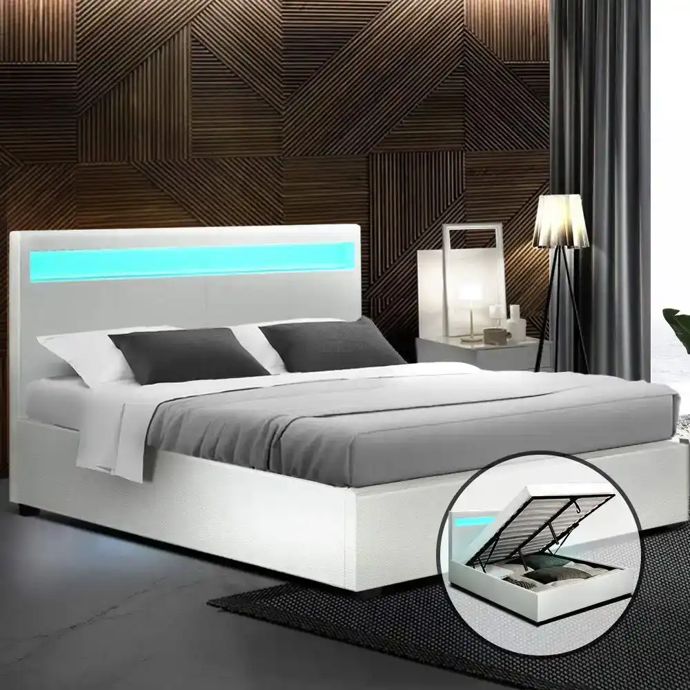 Artiss Bed Frame Queen Double Size Gas Lift RGB LED White Cole