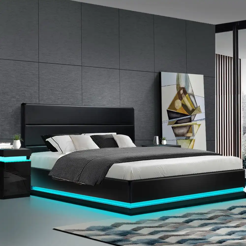 Artiss Bed Frame Double Size Gas Lift RGB LED Black Lumi
