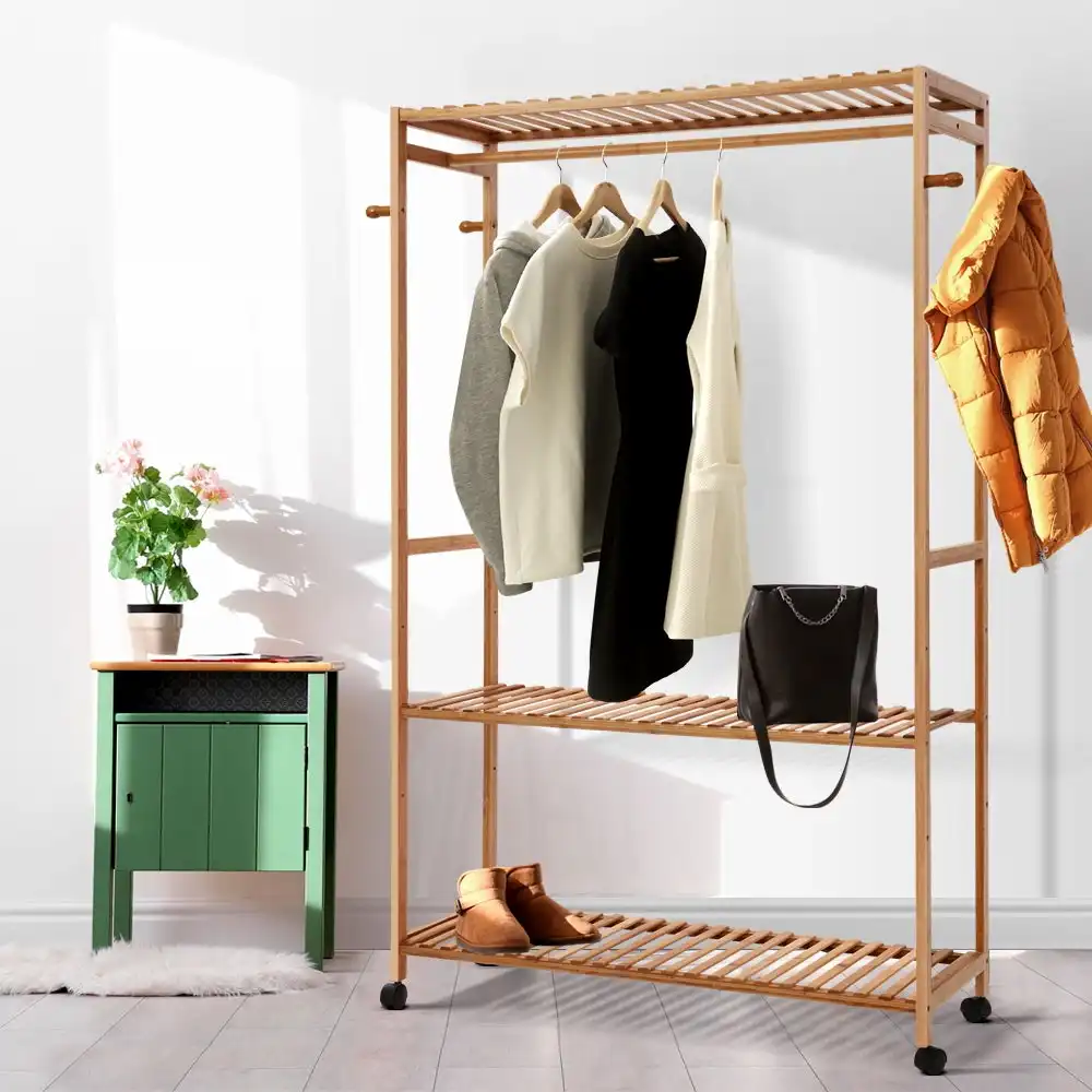 Artiss Clothes Rack Bamboo Wardrobe Portable Garment Stand with Wheels Coat Organiser