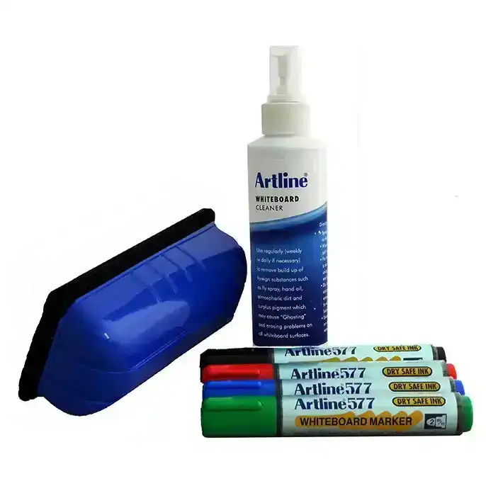 Artline 577 4xMarkers Eraser Cleaner Spray Home/Office Whiteboard Starter Kit