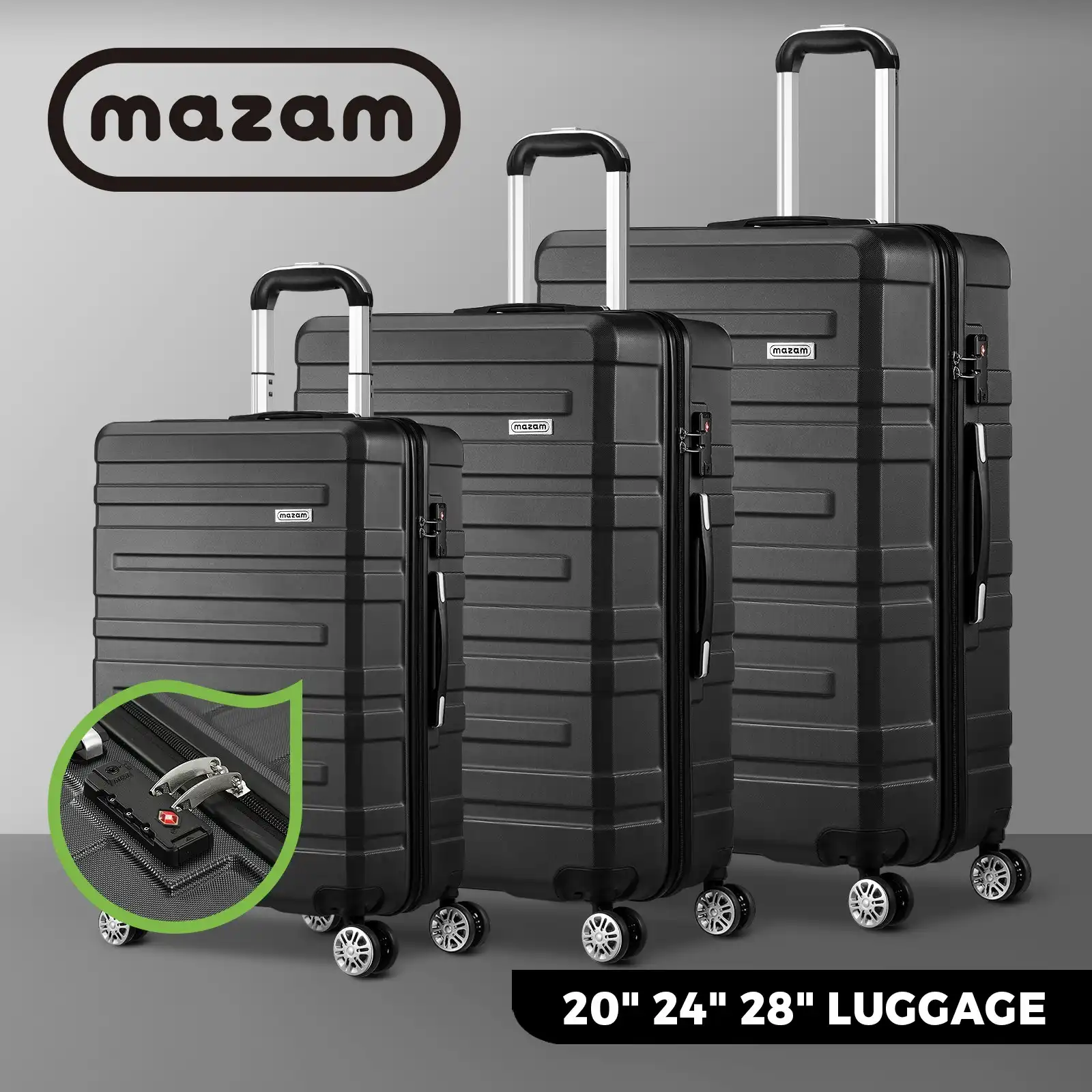 Mazam 3PCS Luggage Suitcase Trolley Set Travel TSA Lock Storage Hard Case Black