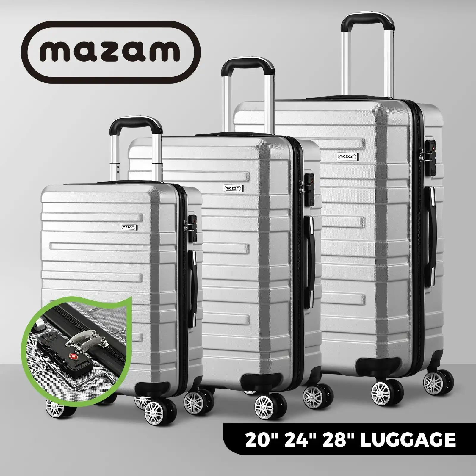 Mazam 3PCS Luggage Suitcase Trolley Set Travel TSA Lock Storage Hard Case Silver