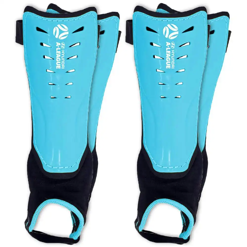 2x Hyundai A-League Shin Guard/Pads w/ Ankle Sock/Sports/Soccer Small Size/Blue