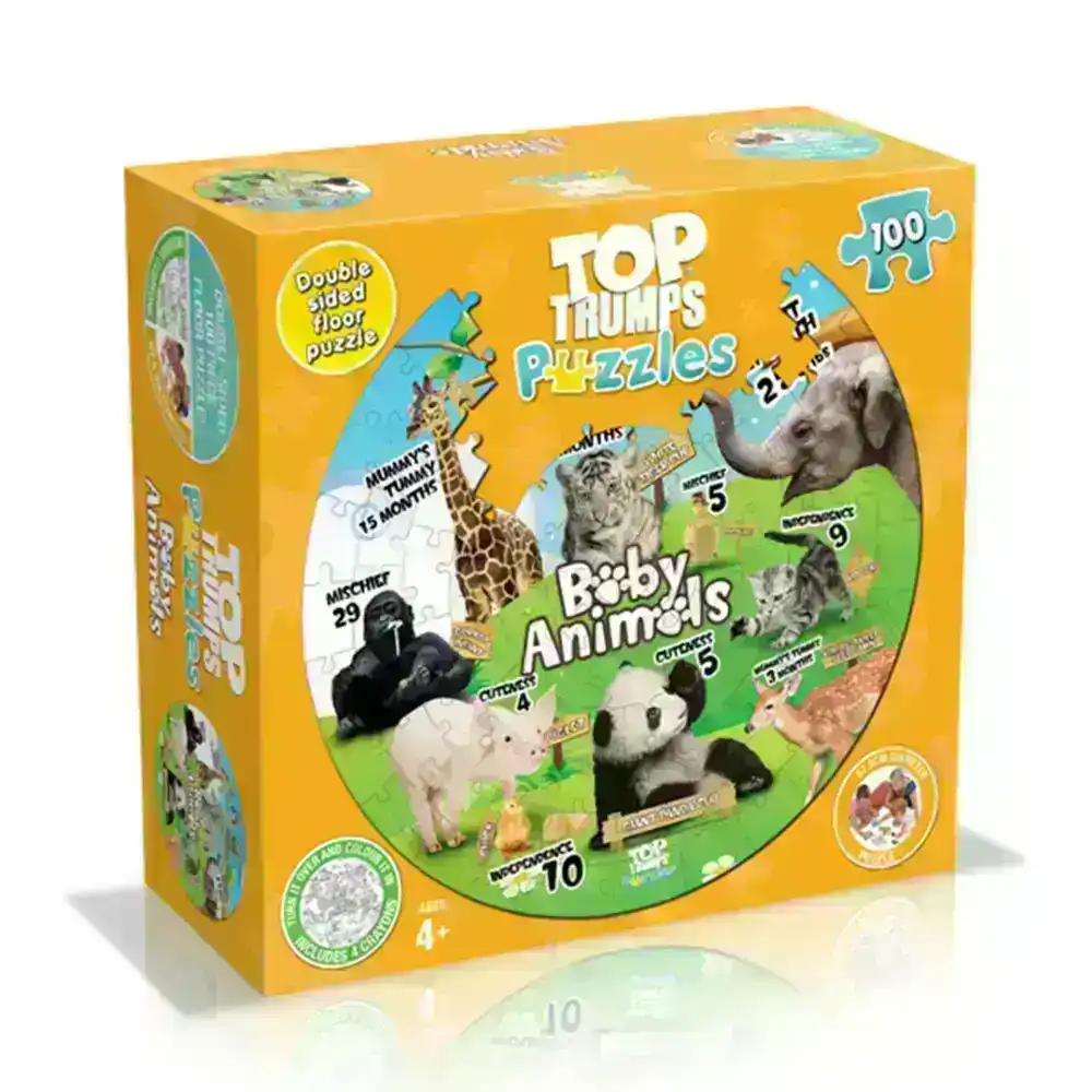 100pc Top Trumps Round Baby Animals Double Sided Puzzles w/ Crayons Kids Toys