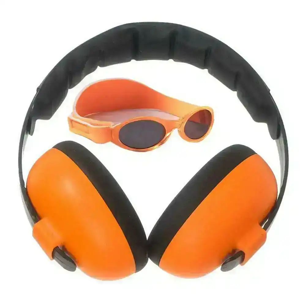 2pc Banz Careware Baby/Kids Sunglasses/Earmuff Ear Protection Mini Combo Orange