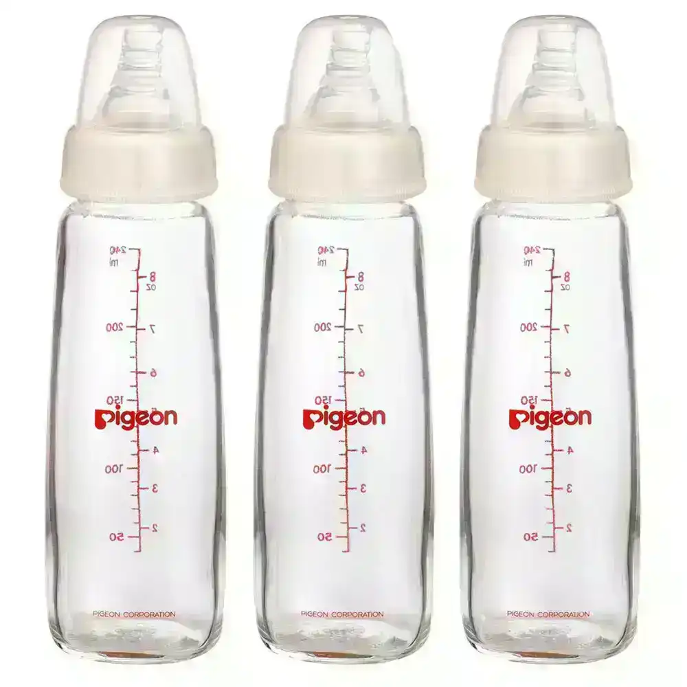3x PIGEON Slim Neck Peristaltic 240ml Glass Feeding Bottle f/ Baby/Infant 4m+
