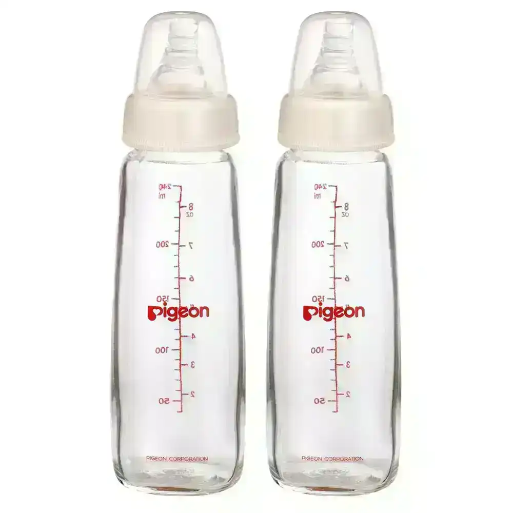 2x PIGEON Slim Neck Peristaltic 240ml Glass Feeding Bottle f/ Baby/Infant 4m+