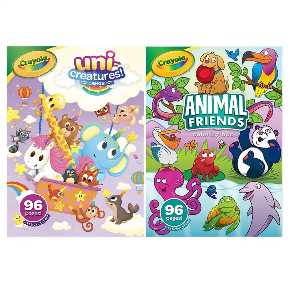 Crayola 96pg Animal Friends & 96pg Uni-Creatures Kids Colouring Book Set 3+