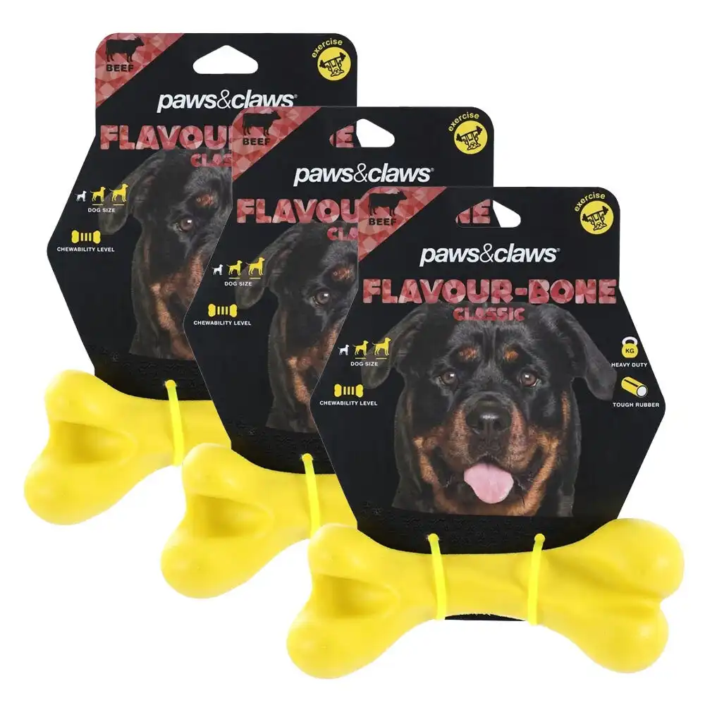 3x Paws & Claws 18cm Flavour-Bone Classic Bone Beef Flavoured Rubber Dog Toy YL