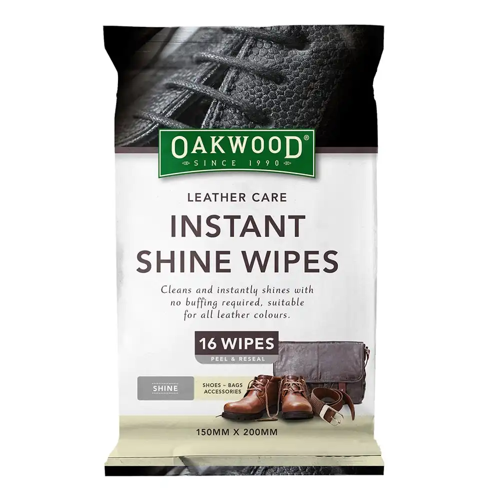 16pc Oakwood 15x20cm Leather Care Instant Shine Wipes Shoes/Bags/Belt Cleaning