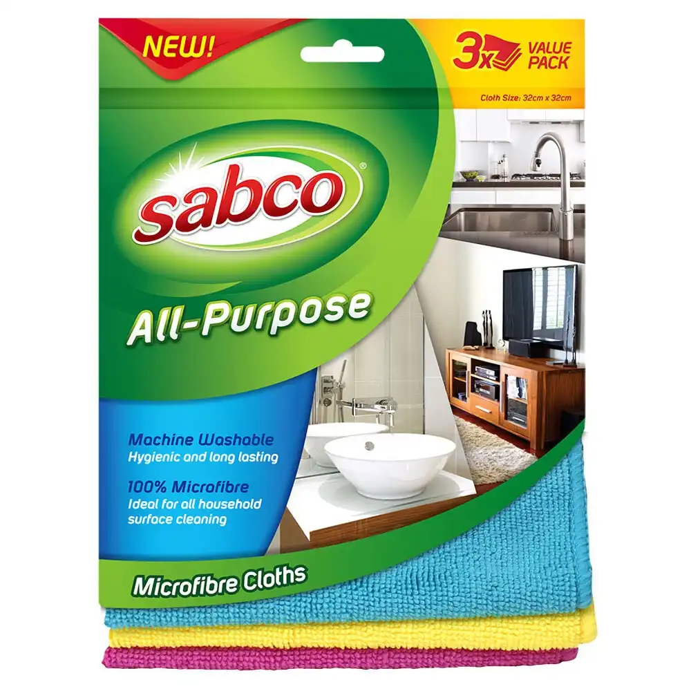 3pc Sabco 32cm All Purpose Machine Washable Microfibre Kitchen/Bathroom Cloths