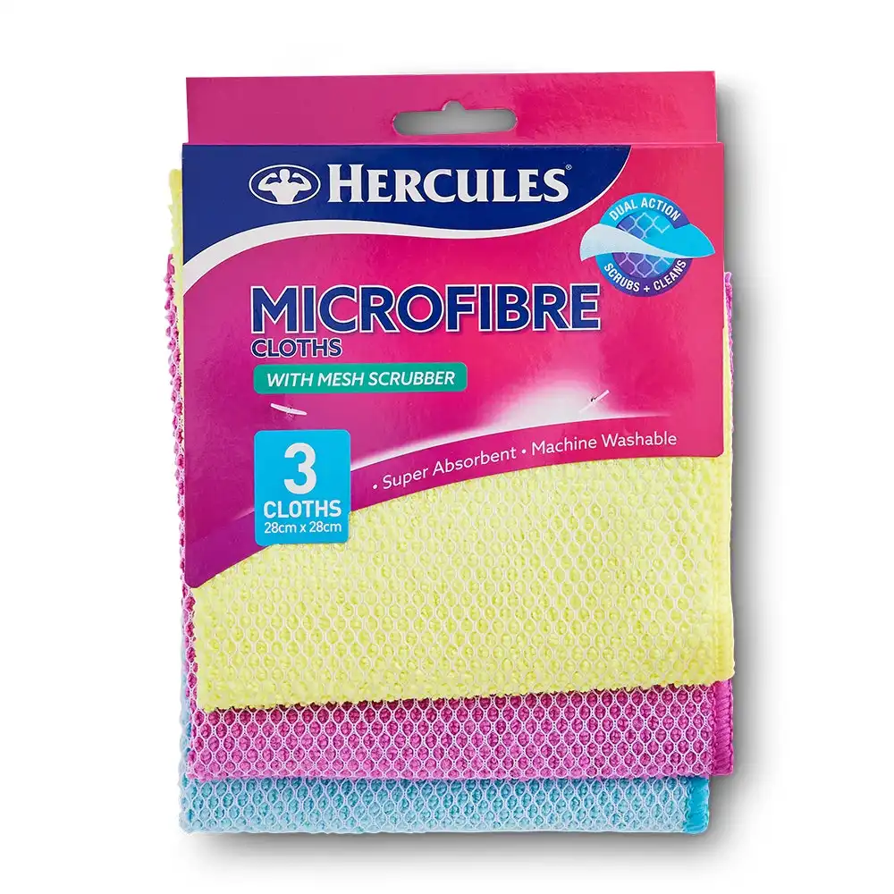 3pc Hercules Microfibre Cloth w/Scrubbing Mesh Soft Cleaning Washable Dish Towel