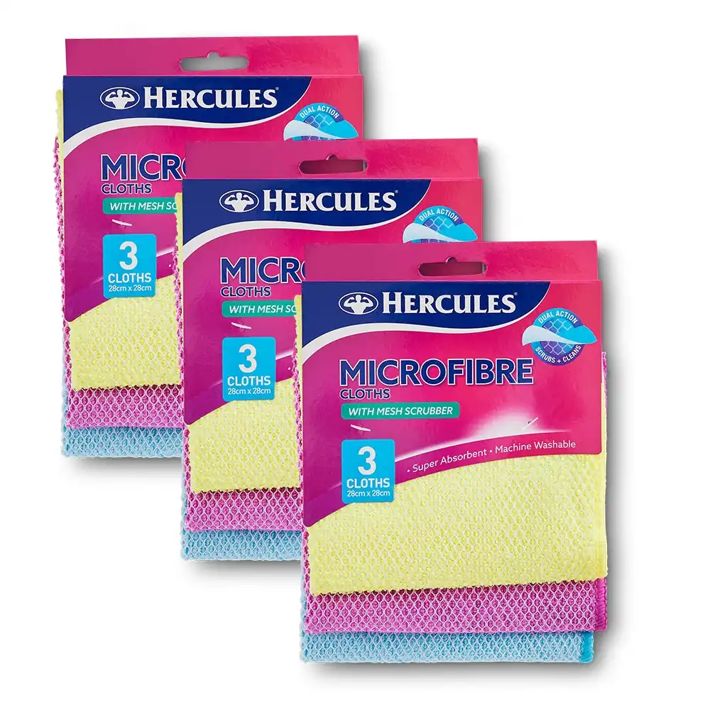 9pc Hercules Microfibre Cloth w/Scrubbing Mesh Soft Cleaning Washable Dish Towel