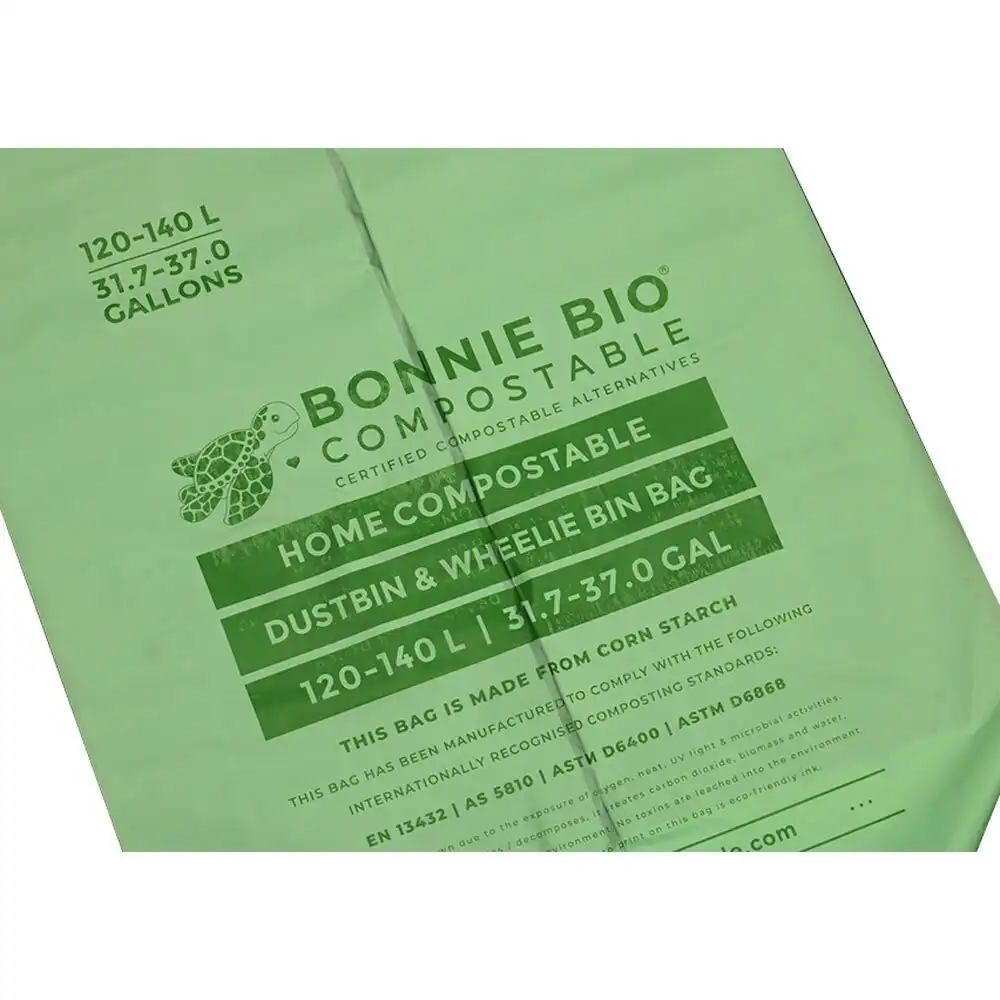 10PK Bonnie Bio Compostable 120-140L Dustbin & Wheelie Bin/Garbage Bags Green