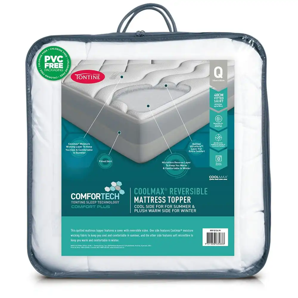 Tontine 152x203cm Reversible Coolmax Quilted Mattress Topper Queen Bed White