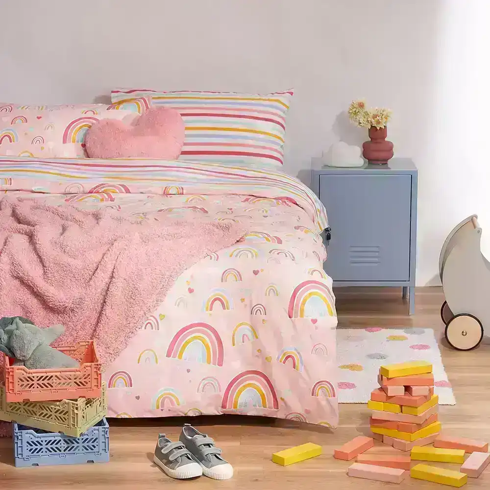 Minikins Reversible Double Bed Quilt Cover Set Cotton Rainbow Printed Kids