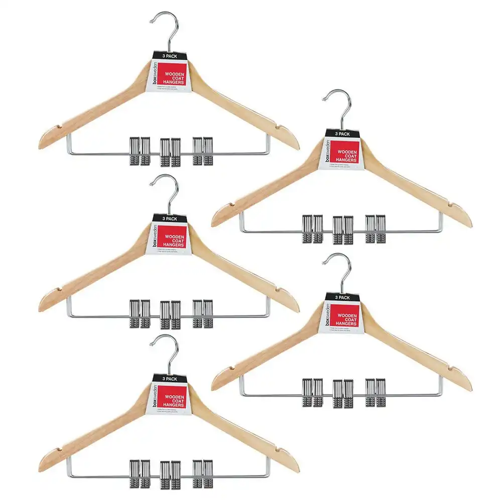 15pc Boxsweden 44.5cm Clothes Wooden Trousers/Jeans Hangers Wardrobe w/ Clips