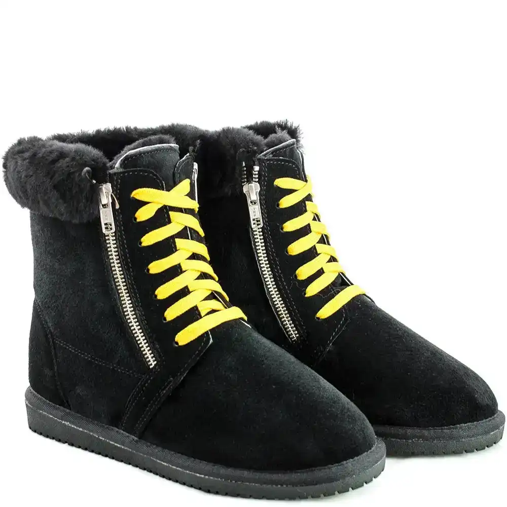 Original Ugg Australia Zipper Black Boots Yellow Laces Ups