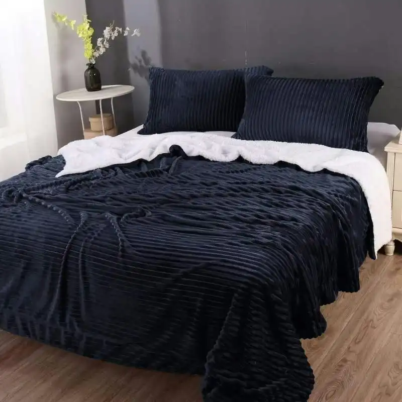 Home Fashion Stripe Flannel Sherpa Navy Comforter Set