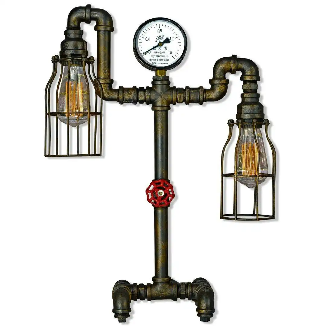 PIPE - Industrial - Steampunk - Man Cave - 2 Light Gauge & Cage Table Lamp