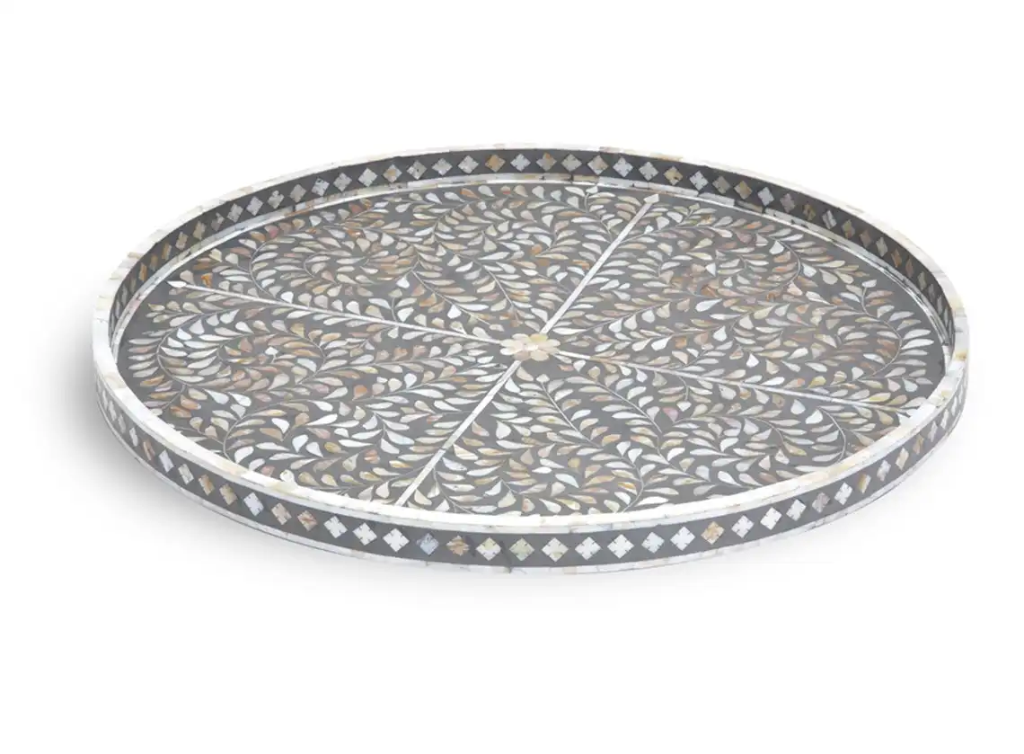Zohi Interiors Mother of Pearl Inlay Large Round Tray in Grey