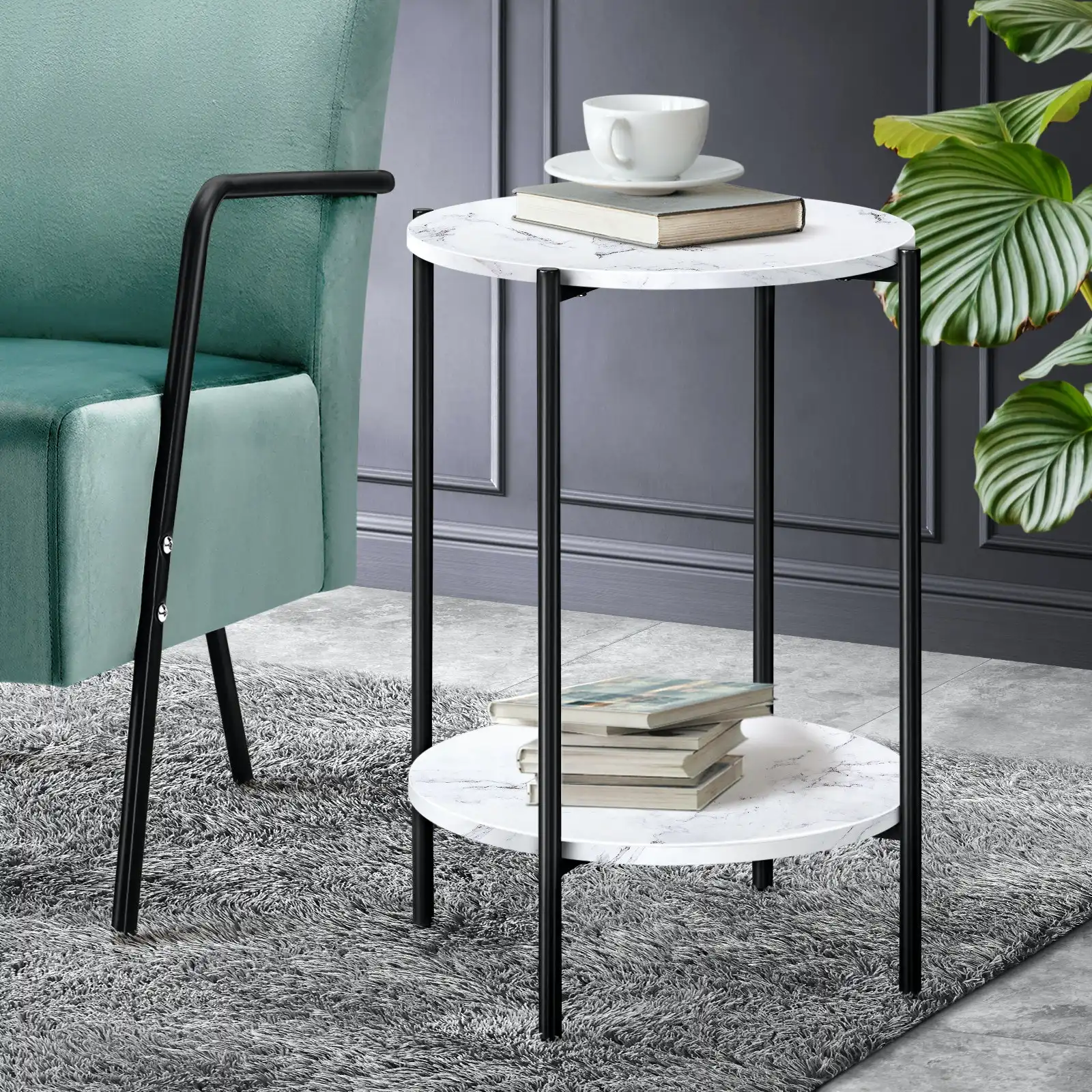Oikiture Coffee Side End Table Sofa Bedside Nightstand Round Dual-Tier Marble Black