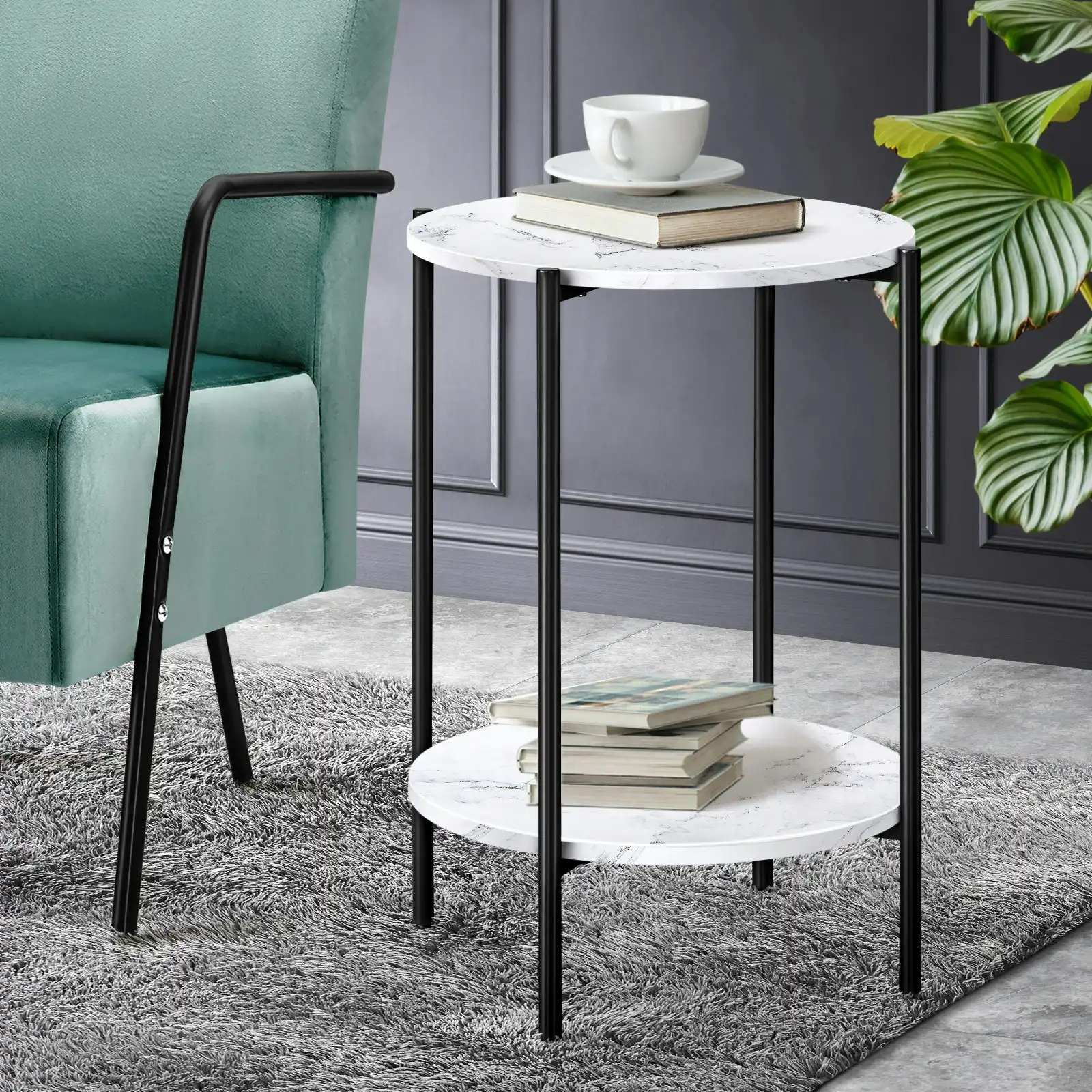 Oikiture Coffee Side End Table Sofa Bedside Nightstand Round Dual-Tier Marble Black
