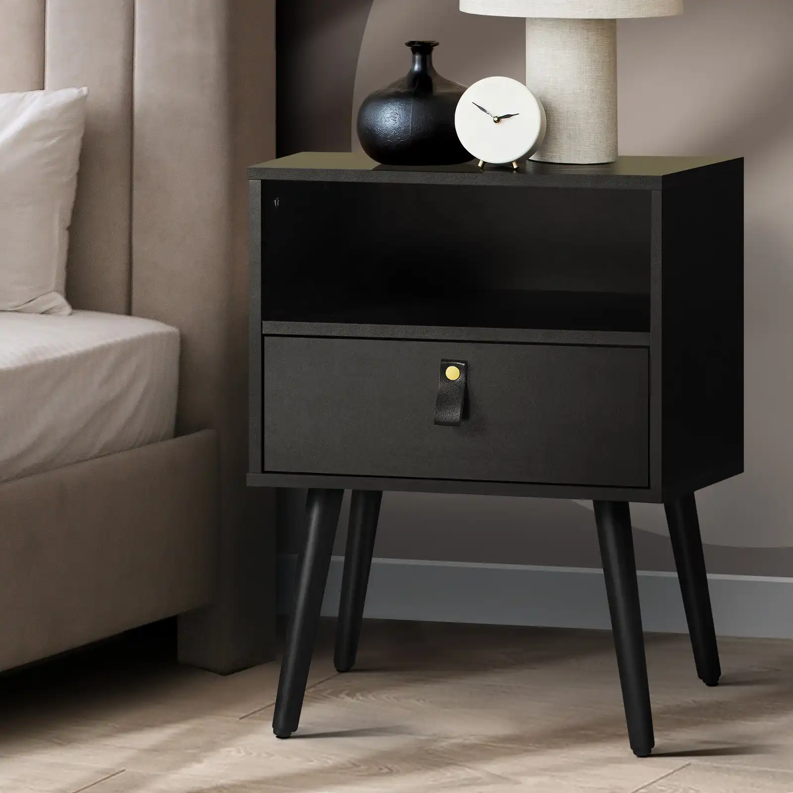 Oikiture Bedside Table Drawers Side Table Storage Cabinet Nightstand Black