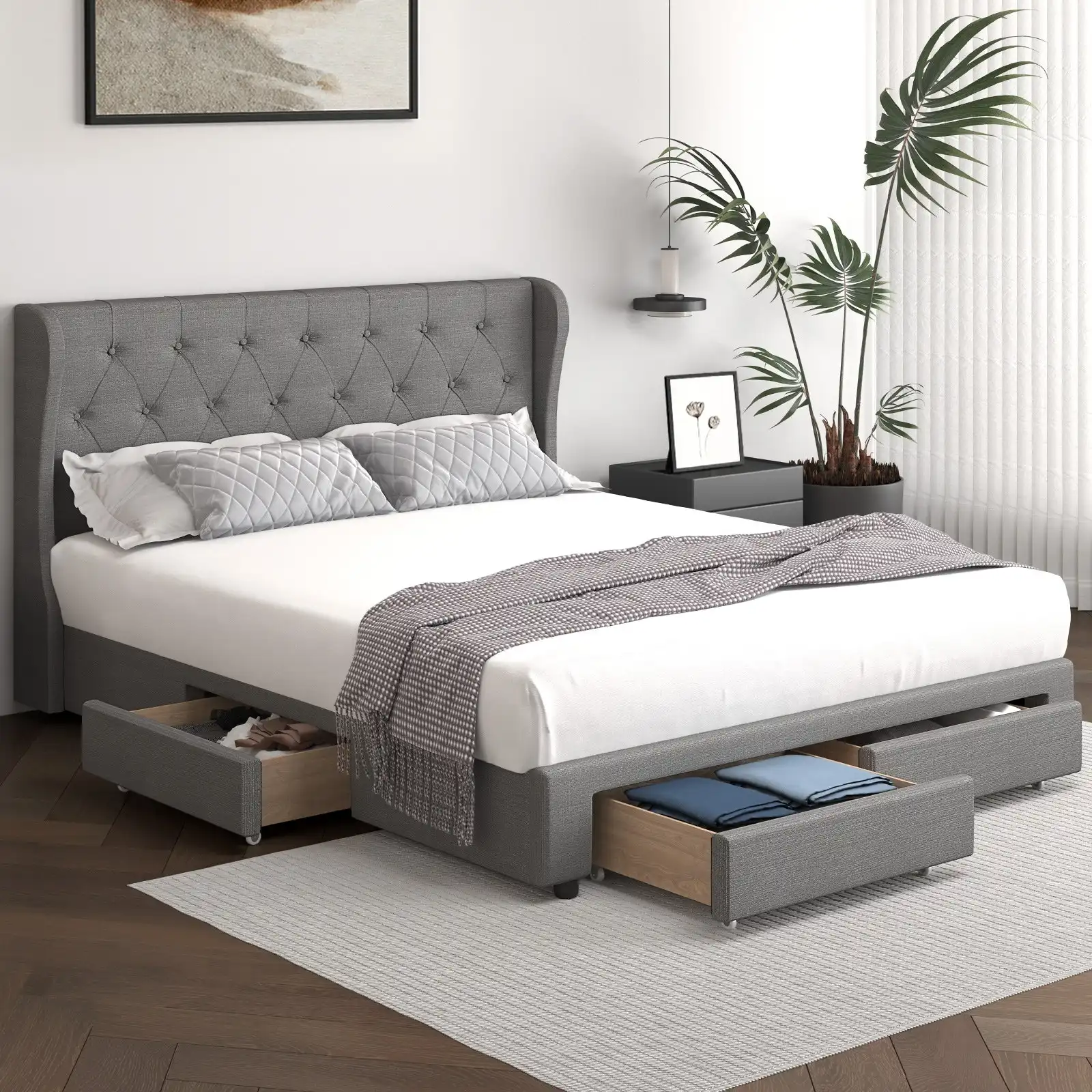 Oikiture Bed Frame Queen Size Base With 4 Storage Drawers