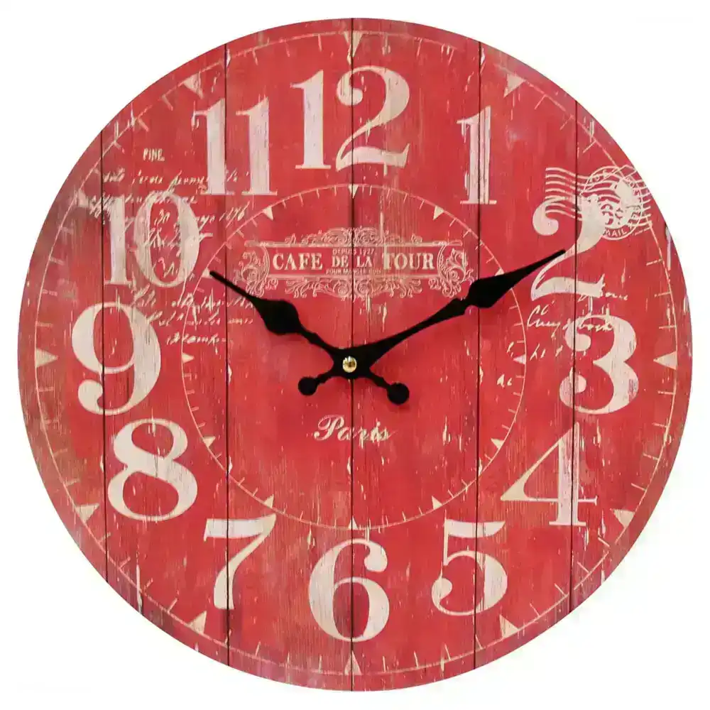 Wall Clock 34cm Time/Quartz/Analogue Home/Room Decoration MDF De La Tour Red