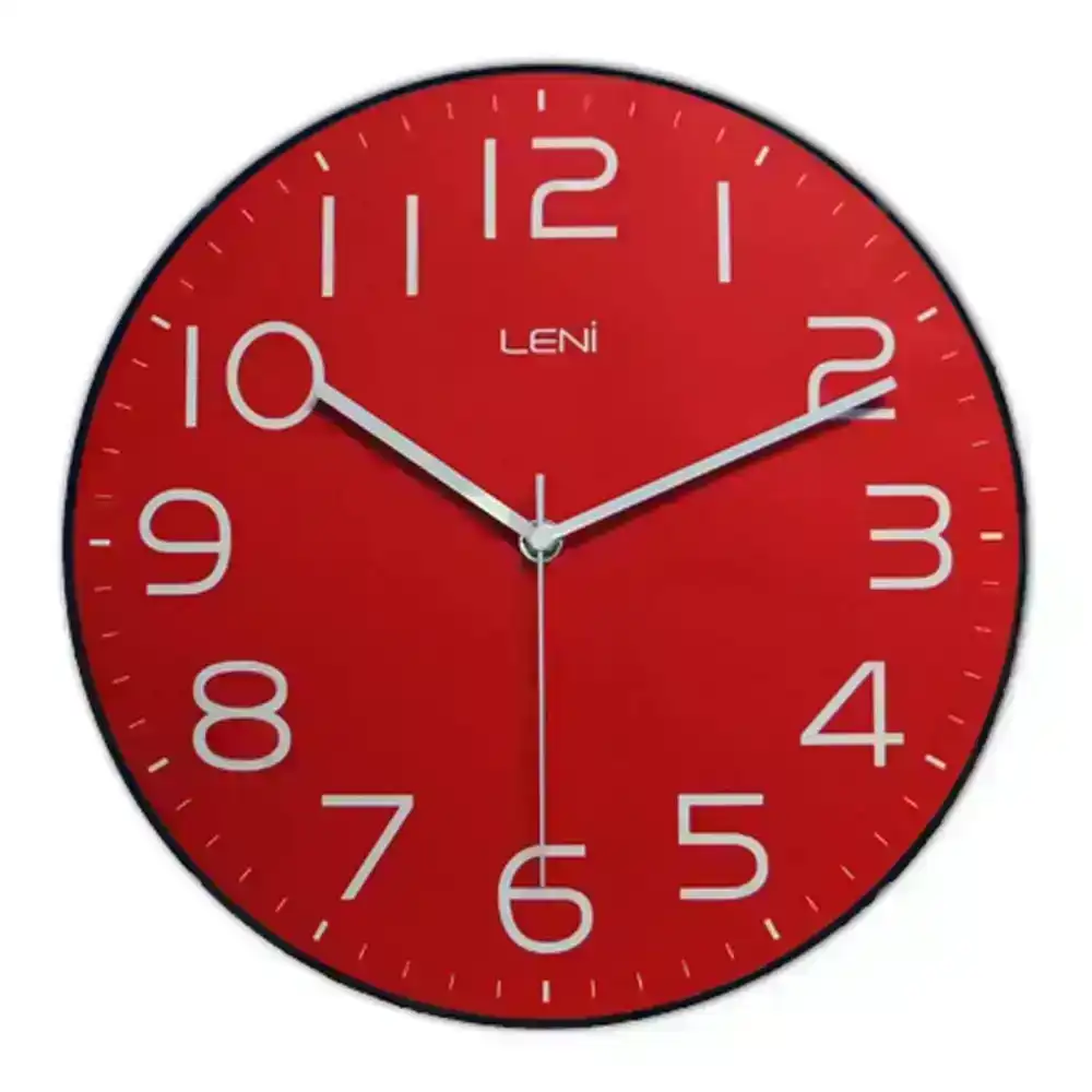 Leni 30cm Classic Wall Clock Analogue Plastic Round Hanging Home/Room Decor Red