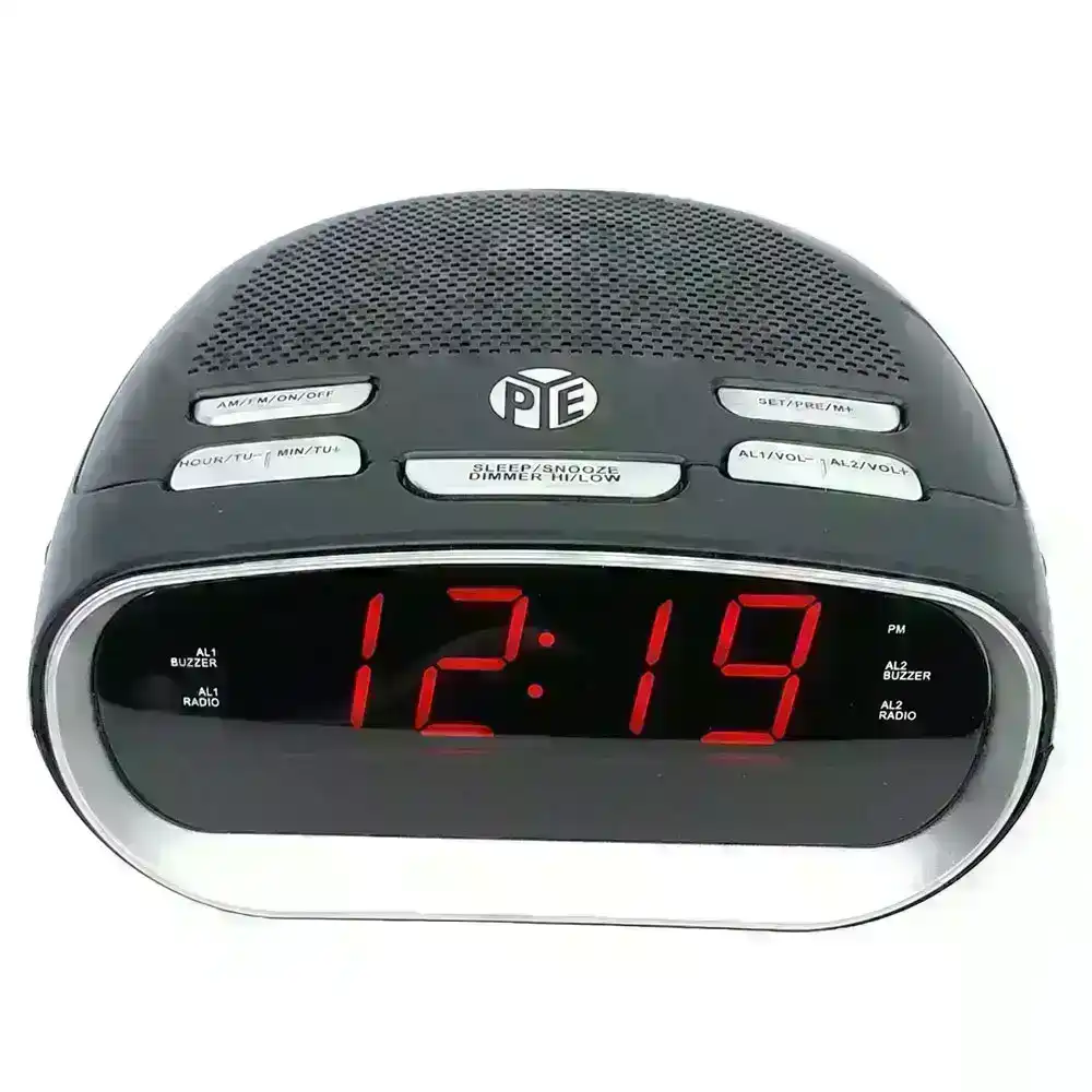 PYE AM/FM Alarm Digital Clock Radio w/LED Display/Snooze for Bedside Table Black
