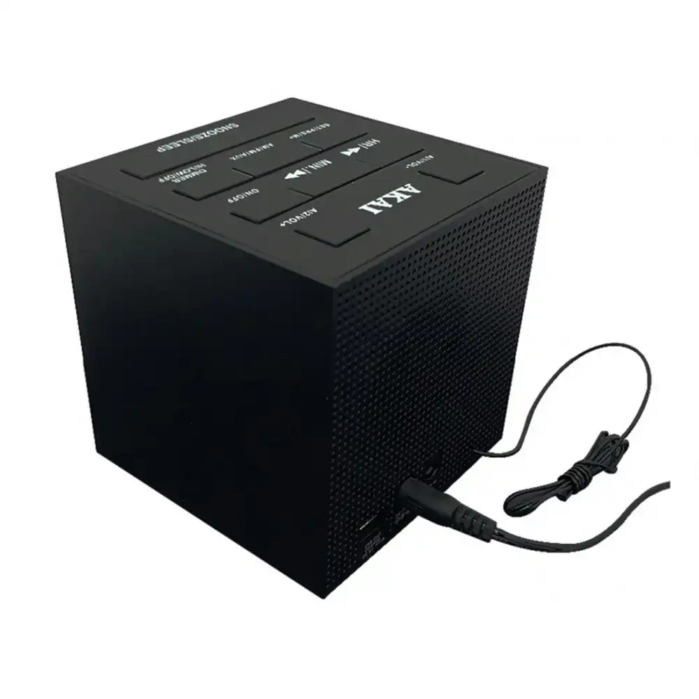 Akai Cube Alarm Clock Radio AM/FM LED Dimmer Speakers USB Charging Port Black