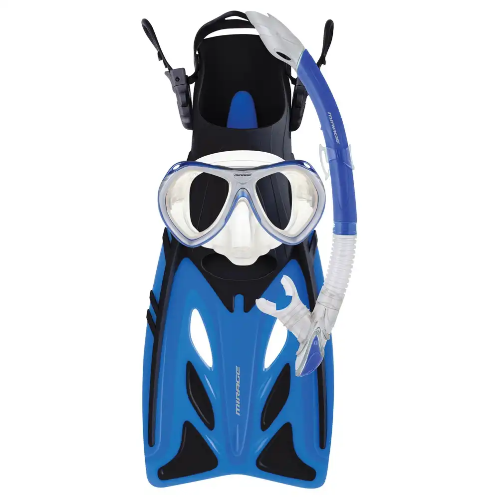 Mirage Junior Swimming Silicone Goggle Mask/Snorkel & Fin Set Large/XL Blue