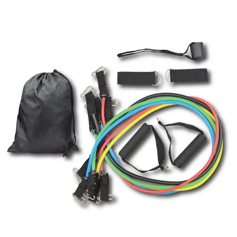 11pc Extreme Resistance Bands Set & Straps w/ 5 Colour Coded Bands Assorted