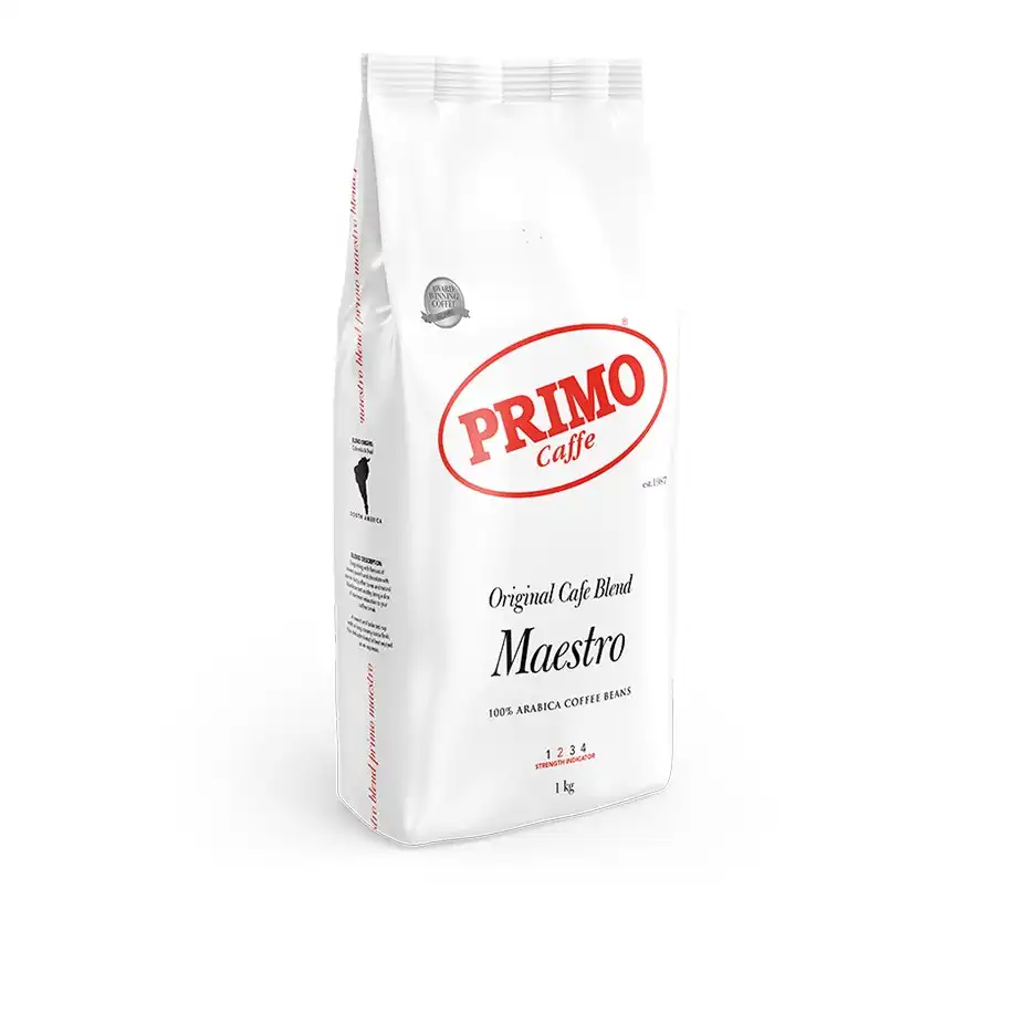 Primo Caffe Meastro 1kg Arabica Coffee Beans Light Roast Intensity 2 Hot Drink