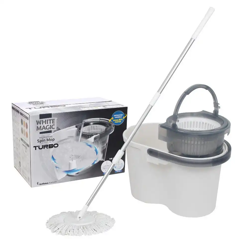 White Magic Hand Press Turbo Microfibre Spin Mop w/ Bucket Floor Surface Cleaner