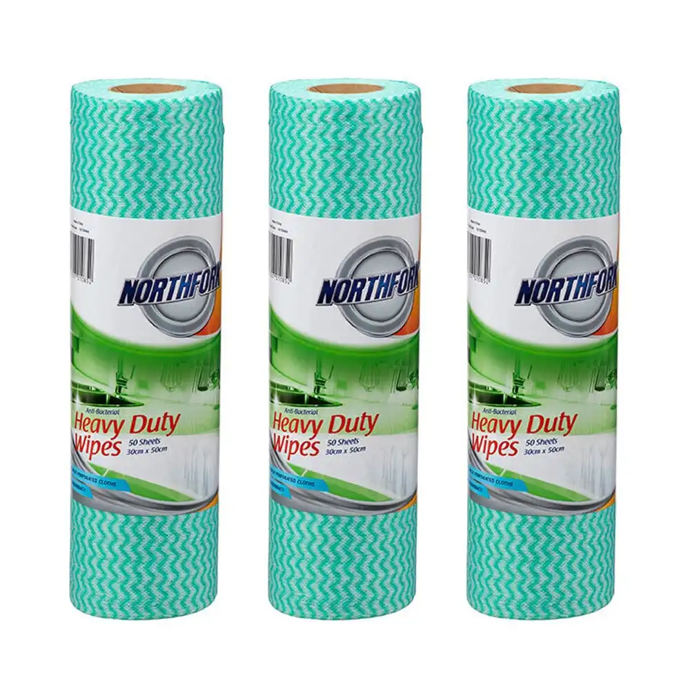 3x 50pc Northfork Heavy Duty Perforated Cleaning Wipes Roll Green
