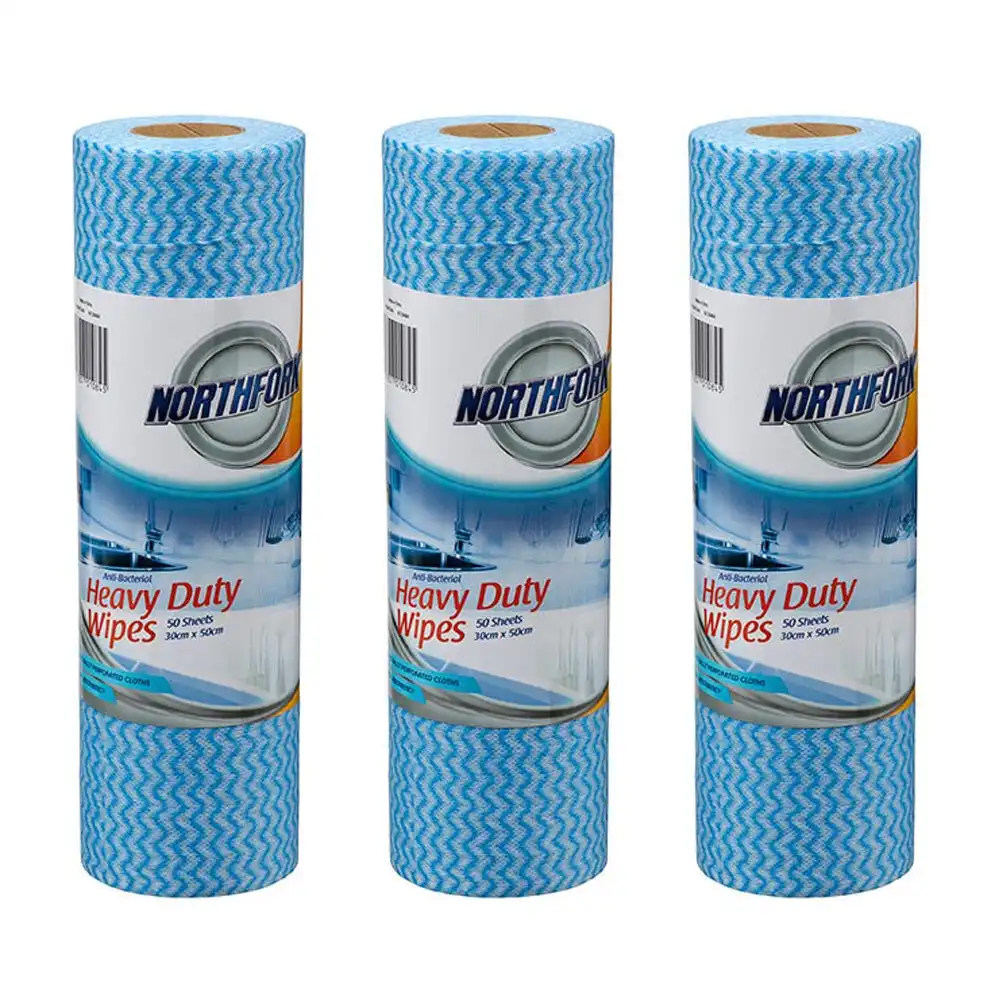 3x 50pc Northfork Heavy Duty Perforated Cleaning Wipes Roll Blue