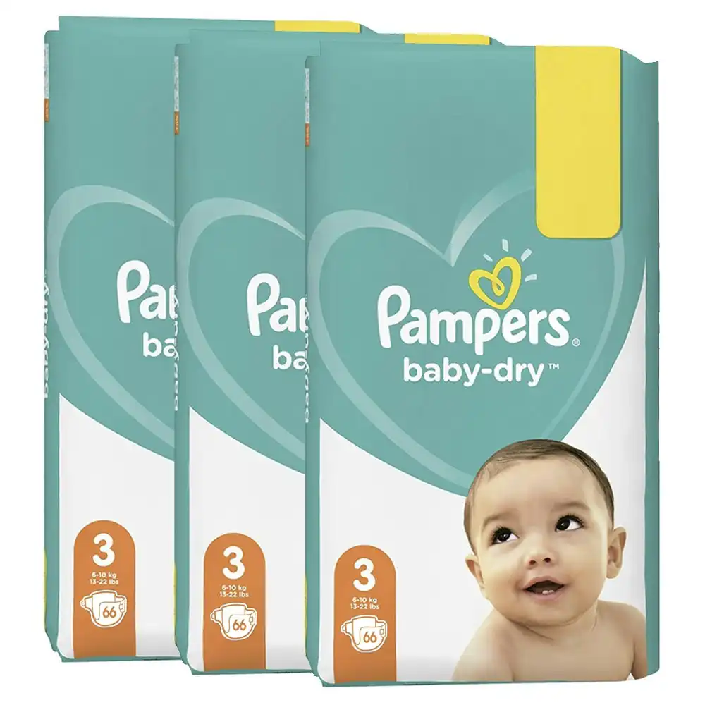 3x 66pc Pampers Baby Dry Overnight 12hr Nappies Unisex Diapers Size 3 6-10kg