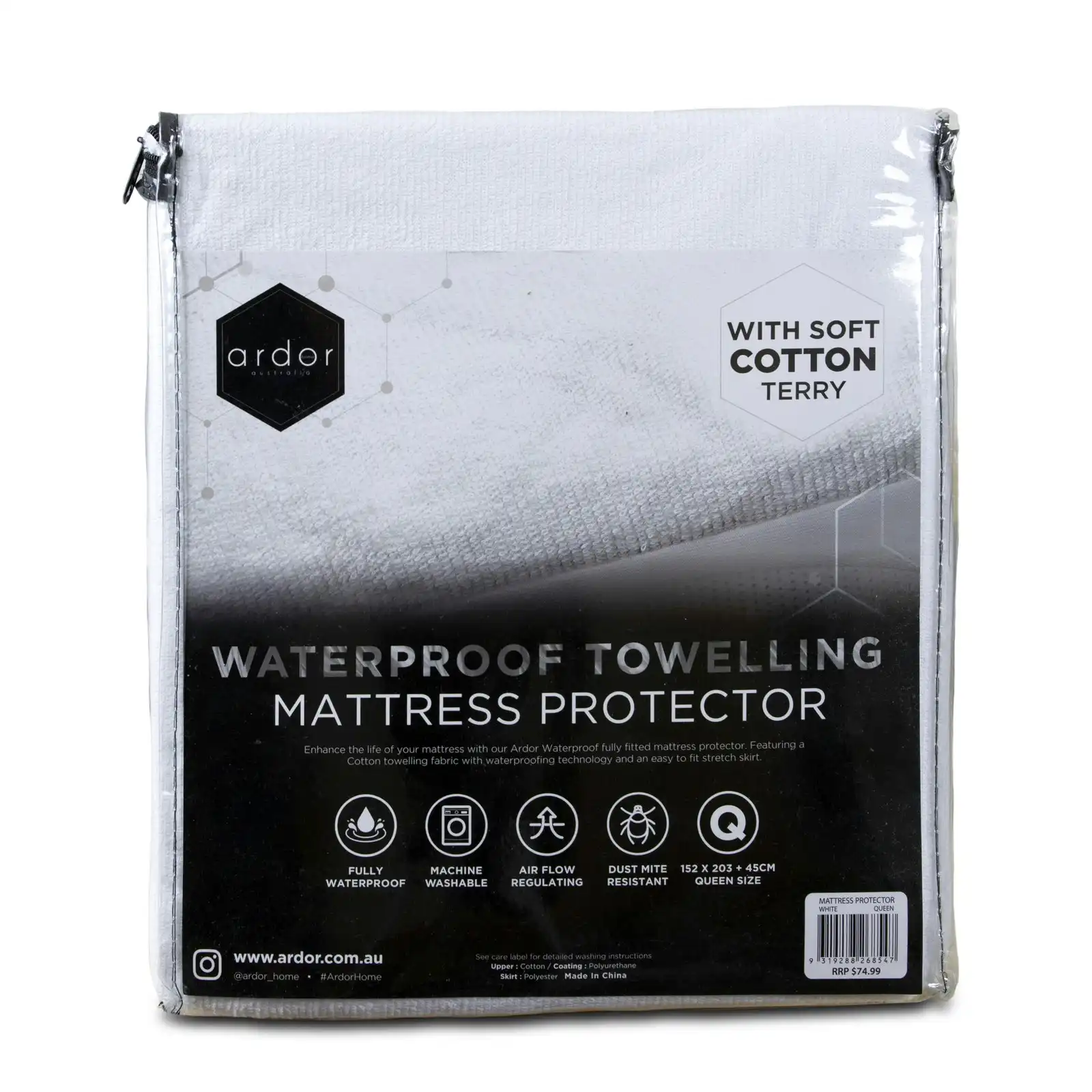 Ardor Towelling Waterproof King Bed Size Fully Fitted Mattress Protector White