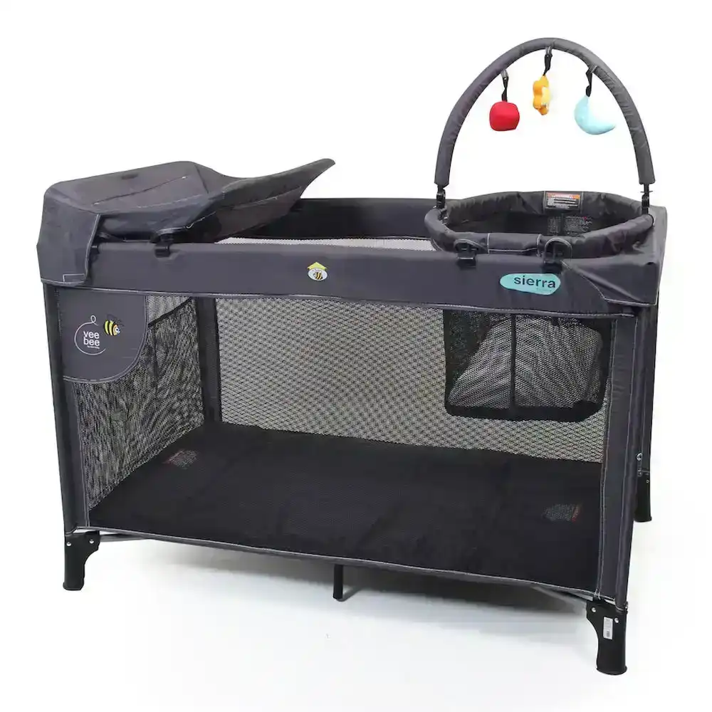 The Vee Bee Sierra 120cm Portacot Baby Crib Sleeper w/ Bassinet/Toybar Charcoal