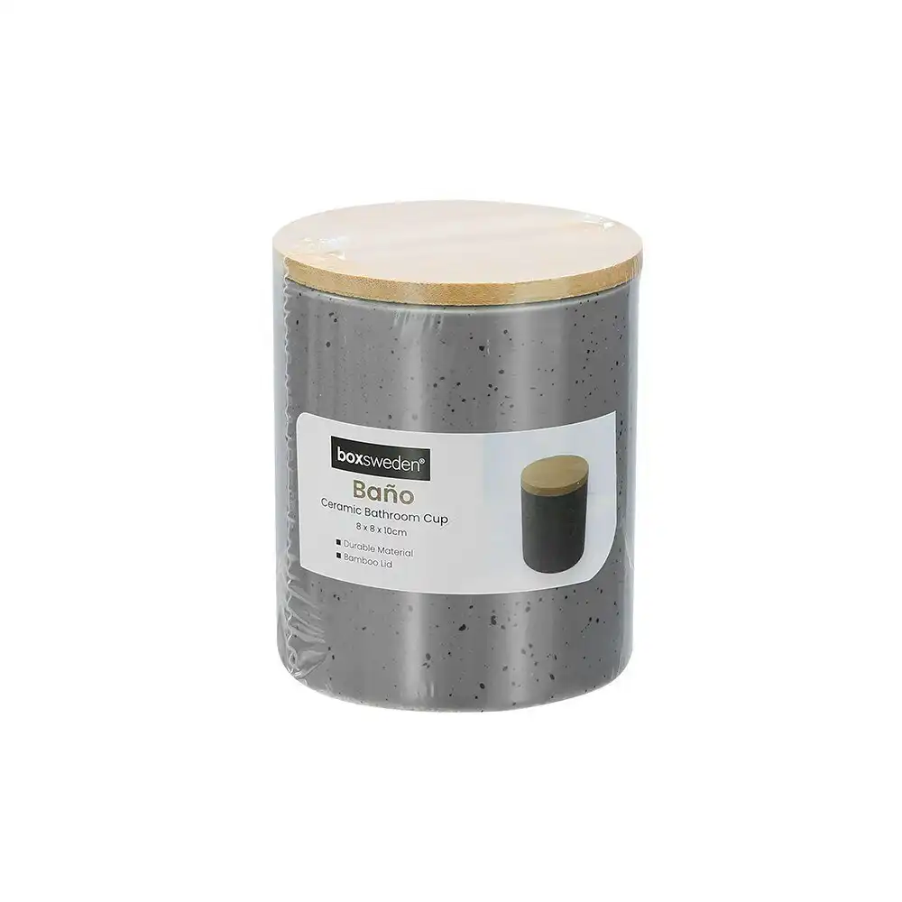 3x Boxsweden Bano 8x10cm Ceramic Bathroom Cup Holder w/ Bamboo Lid Grey Speckle