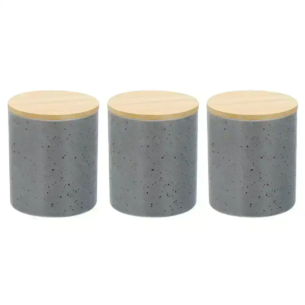 3x Boxsweden Bano 8x10cm Ceramic Bathroom Cup Holder w/ Bamboo Lid Grey Speckle