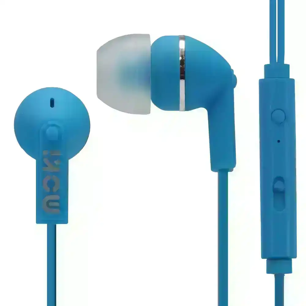 Moki Noise Isolation In-Ear Earphones 3.5mm Jack Headset/Mic/Volume Control Blue