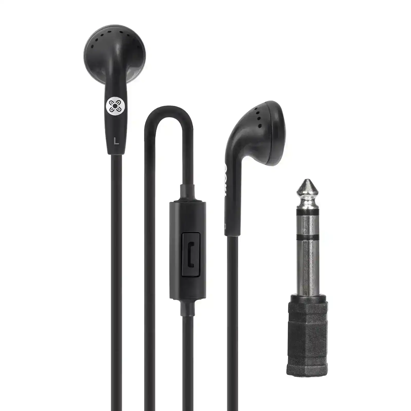 Moki Wired Earphones/Headphones w/ 3.5mm to 6.5mm Audio Adaptor/Mic/Volume Black