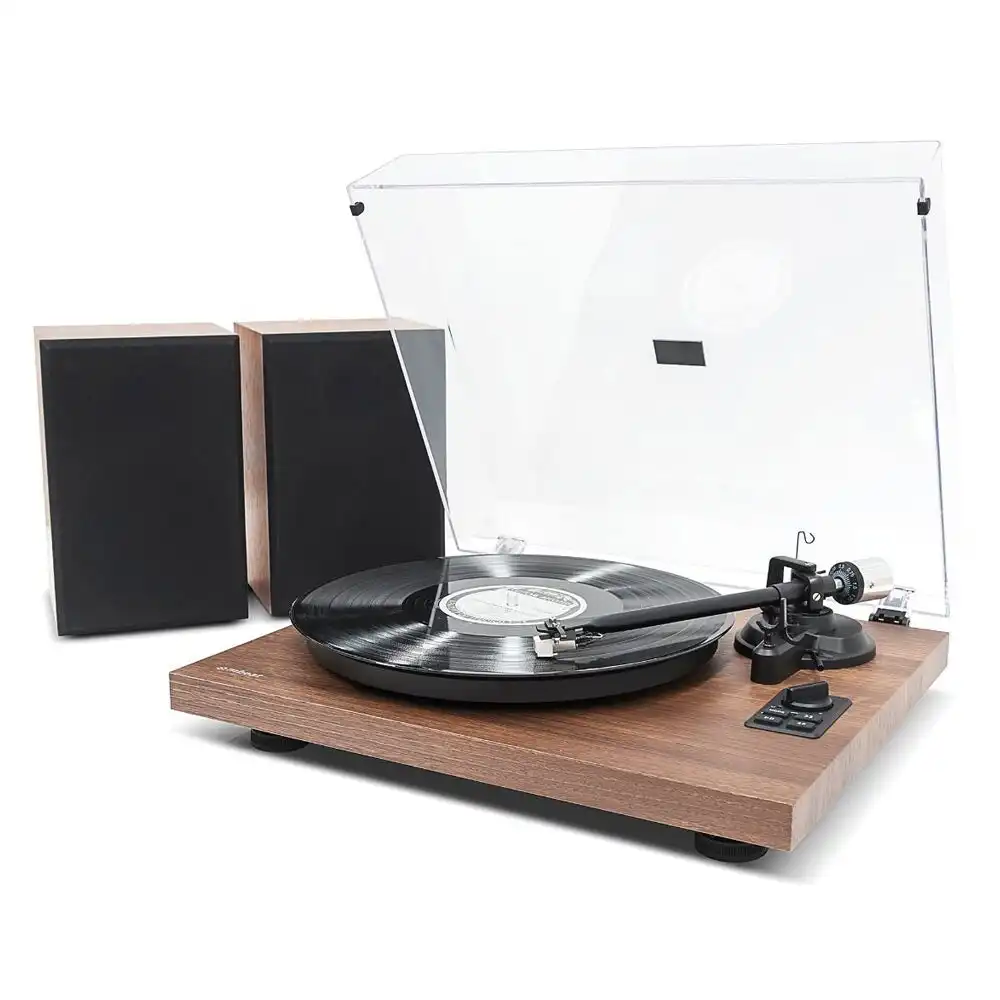 mBeat MB-PT-28 Bluetooth Hi-Fi Turntable Vinyl Record Player w/ Speakers Brown