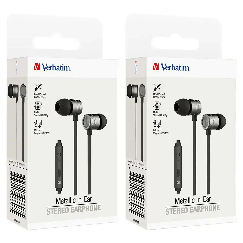 2PK Verbatim In-Ear Earphones w/Mic & Volume Control For Mobile Phones Space Gry