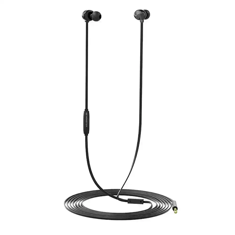 Monster 1.2m Rave V1 Wired In Ear Bud Audio Headphones w/3.5mm Audio Jack Black