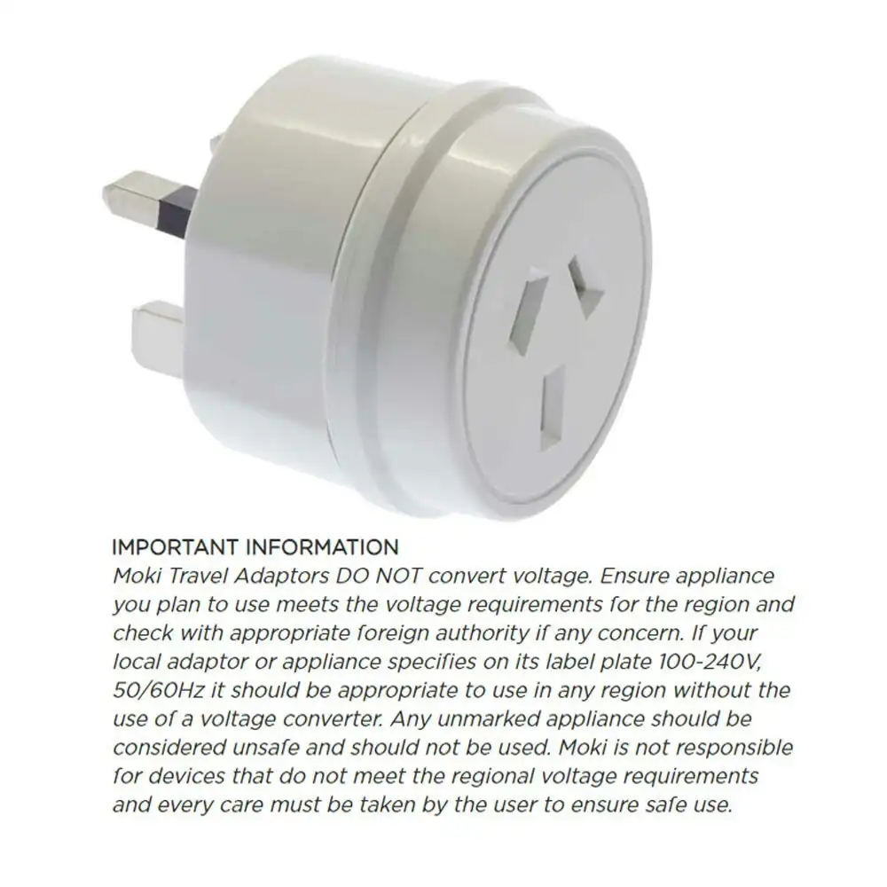 Moki Travel Adaptor AUS/NZ to UK Adapter Power Plug Charger Outlet Socket White
